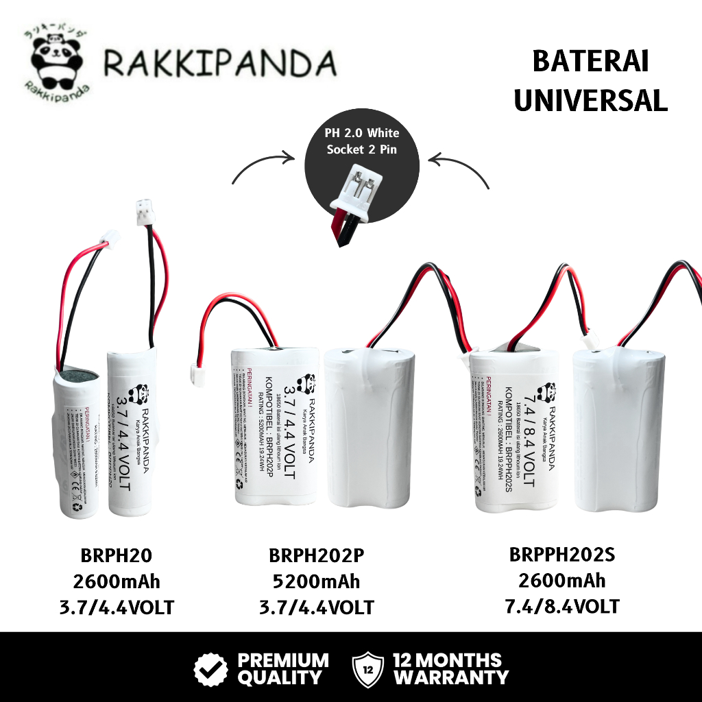 RakkiPanda - Baterai Universal Li-ion 18650 RC Radio Control / Speaker Active Soket PH 2.0 Putih 2 P