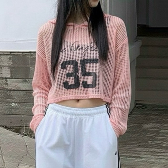 Elizabethgrosir1 Setelan Atasan Sports Crop Sweater Hoodie Bahan Rajut Jala Lubang Lengan Panjang In