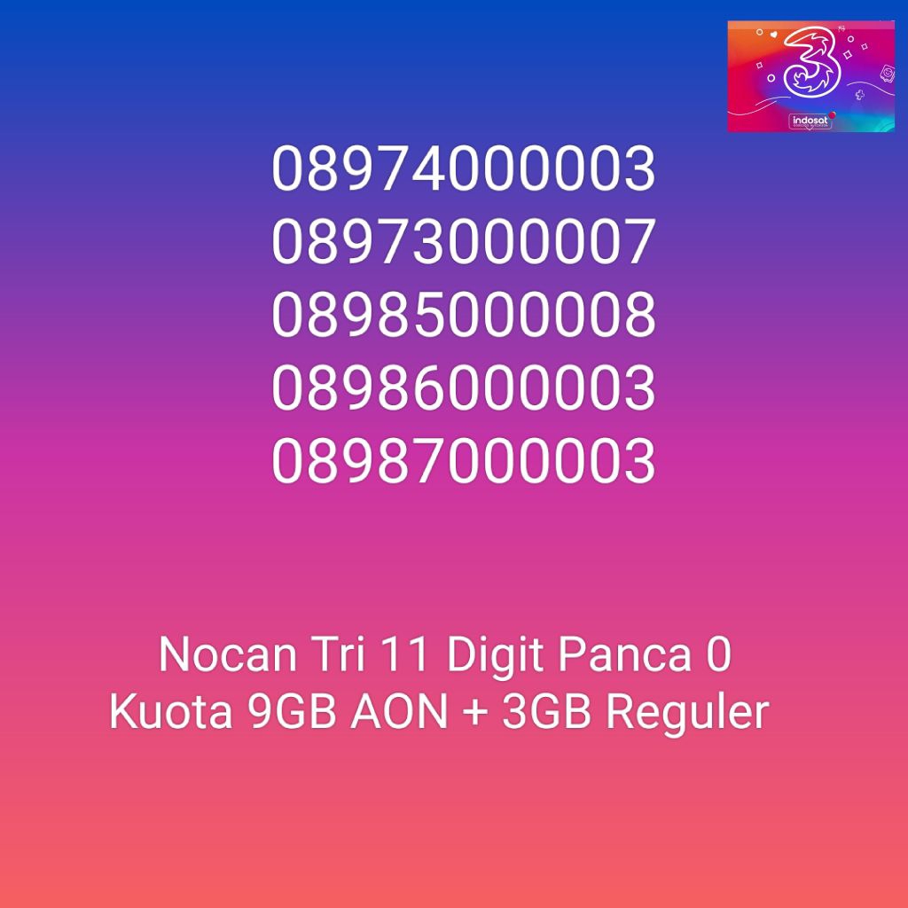 NOCAN Nomor Cantik 11 Digit Panca 0 Tengah Kartu Perdana 3 Tri Three 4G LTE Kuota 3GB REGULER
