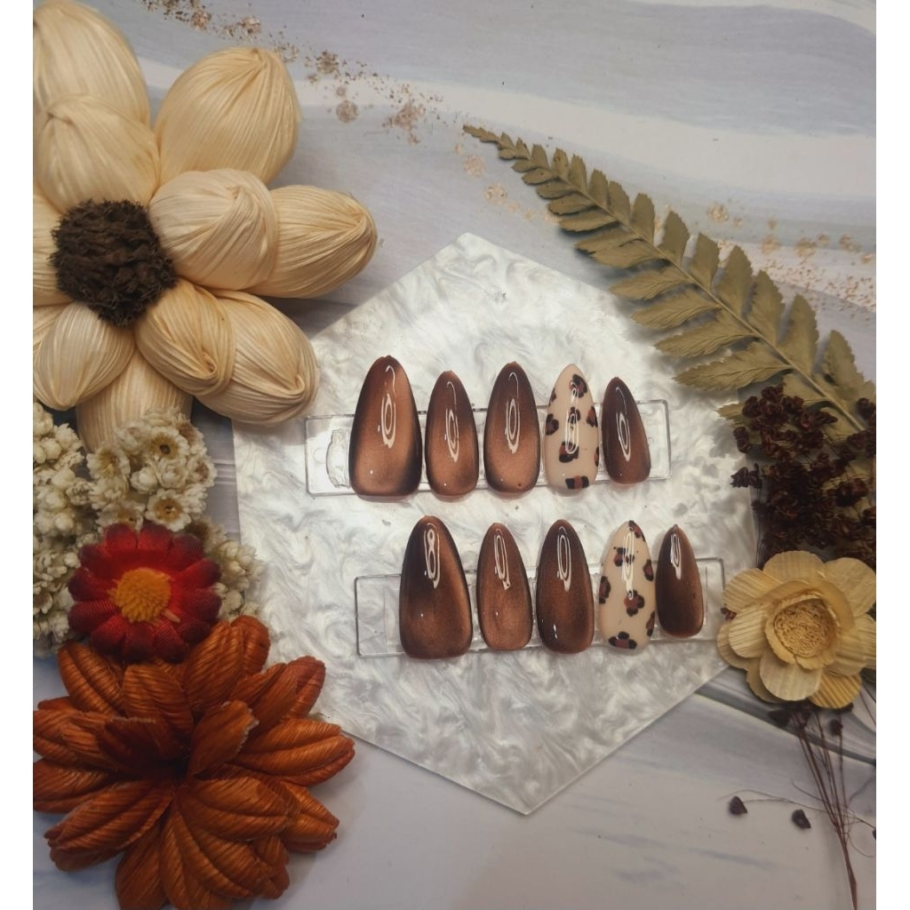 Kuku Palsu Cat Eye Mahogany Leopard Nail Art Premium Home Made Press on Nail Desain Elegant