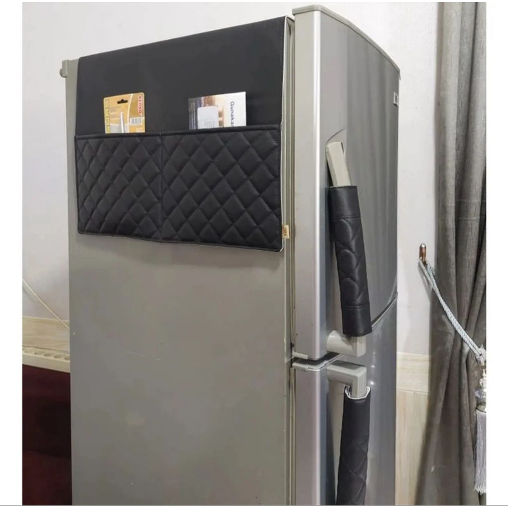 Satu Set Sarung Alas Taplak Kulkas 1 Alas +2 Cover Gagang Kulit