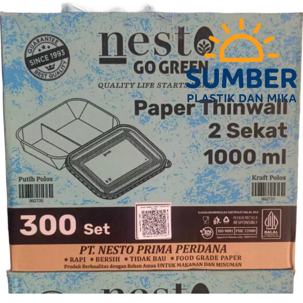 [1kardus 300pcs] Nesto PTW Paper Thinwall Sekat2 Kraft  Laminasi + Tutup size 1000ml | Paper Lunch B