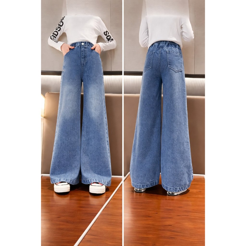 Celana Kulot Jeans Anak Perempuan Tanggung Denim Stretch Pinggang Karet Kekinian Usia 7-14 Tahun - K