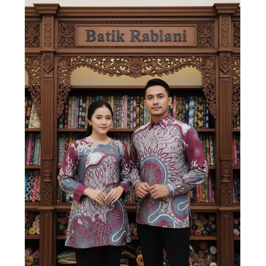 Batik Couple cewe cowo warna merah fanta motif krem, kemeja lapis furing, cewe tunik furing trikod