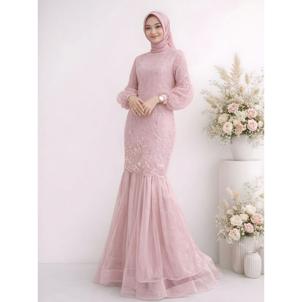 Dress Pesta Wanita Muslimah Amberia Gamis Duyung Organza Kombi Tile Ukuran M L XL XXL Cl