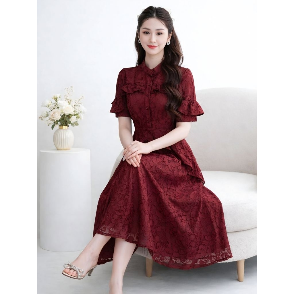 Long Dress sasmita Brokat Panjang Wanita | Gaun Kondangan Elegan Mewah Lengan Pendek Busui Mc