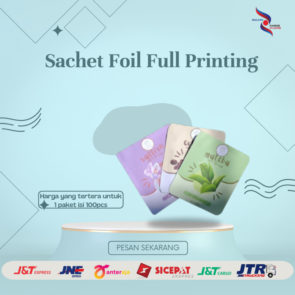 Cetak Kemasan Sachet Metalize Aluminium Foil Full Printing 100 Pcs
