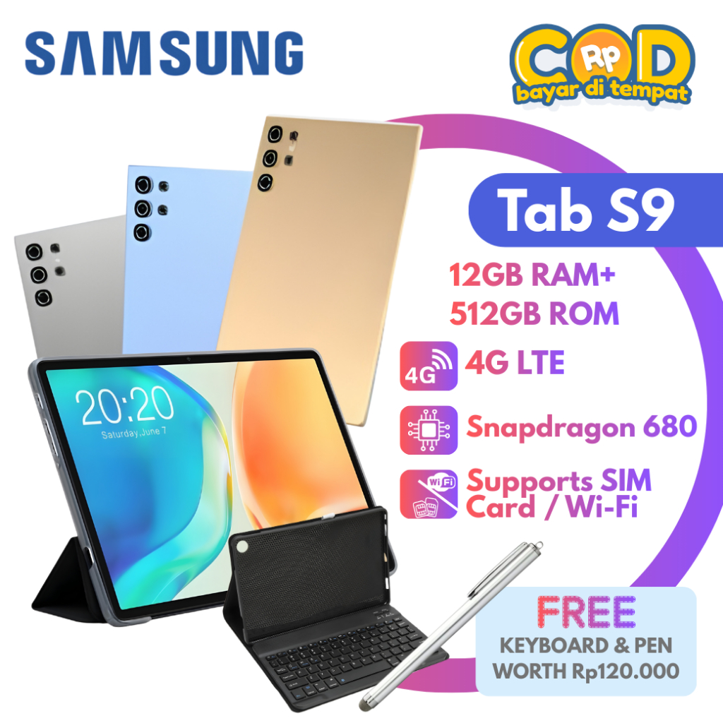 SAMSUNG Pad S9 4G 12GB+512GB | Snapdragon 680 | Layar 10.1" FHD+ | Baterai 8000mAH | Android 12
