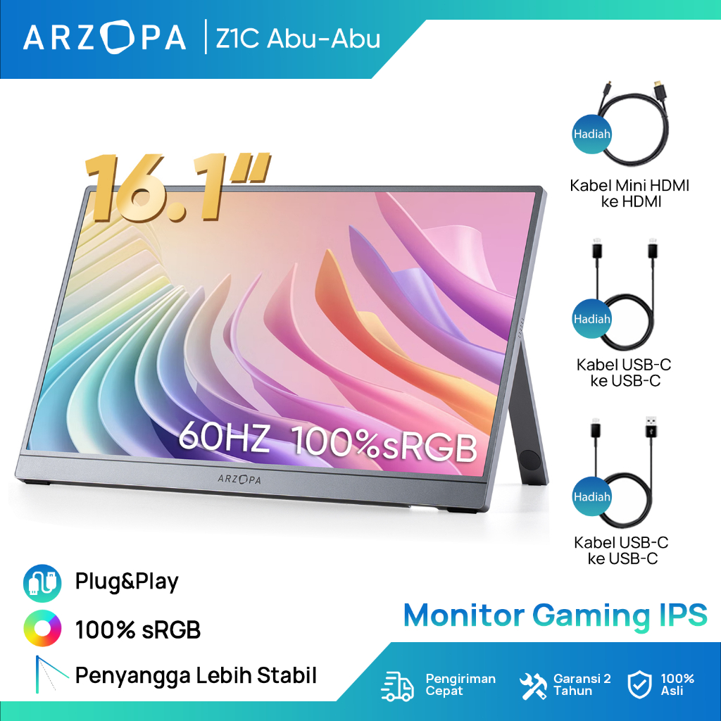 (Official Store) ARZOPA Z1C Grey - Monitor Gaming Portabel 16.1" 100% sRGB dengan Kickstand, Layar I