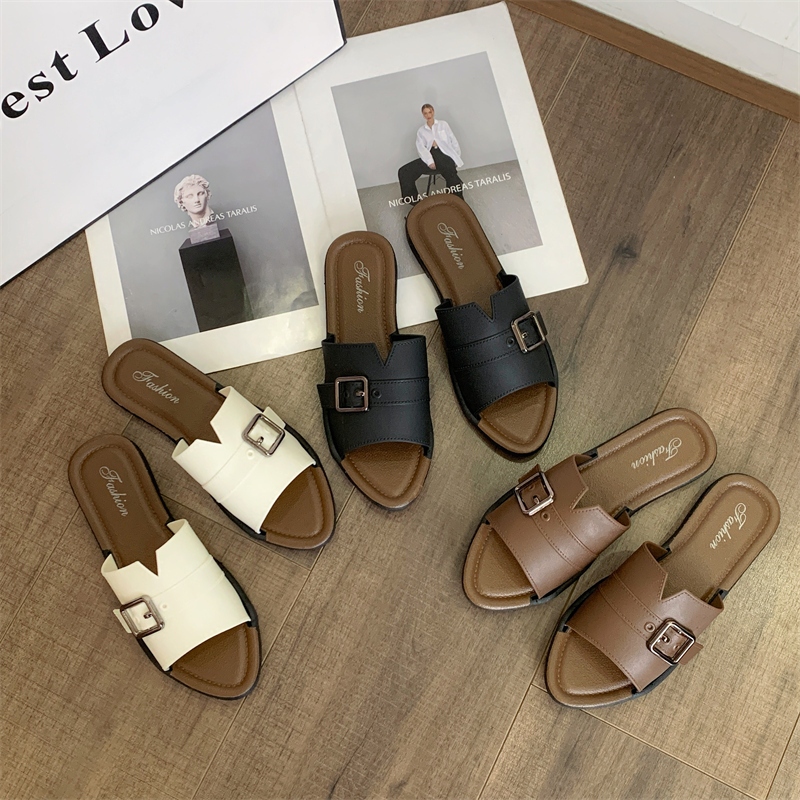 Sandal Flat Wanita PU Leather Double Foam Anti Slip 37-40 Leony Cream Hitam