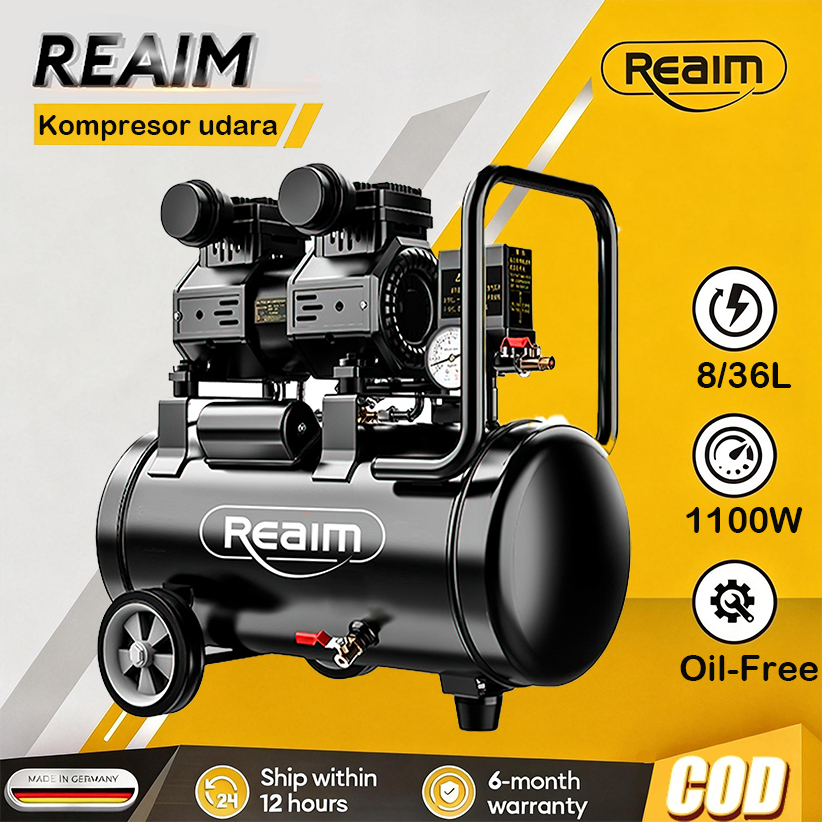 Reaim Kompresor Angin Listrik 36L Oilless Kompresor Listrik 1100W Mesin Pompa Angin Kompresor