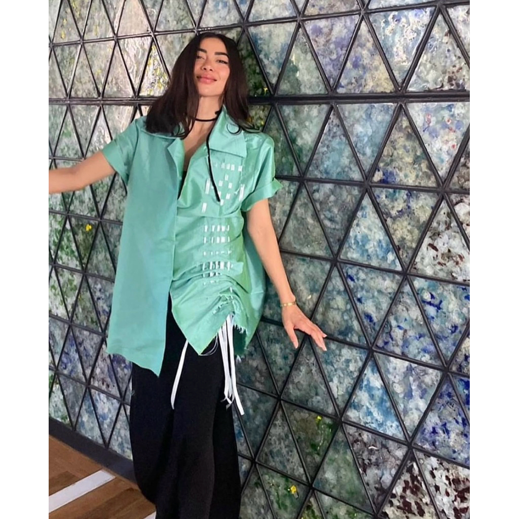 TANGAN WHIM - Green with Decorative Ribbon Weaving Shirt