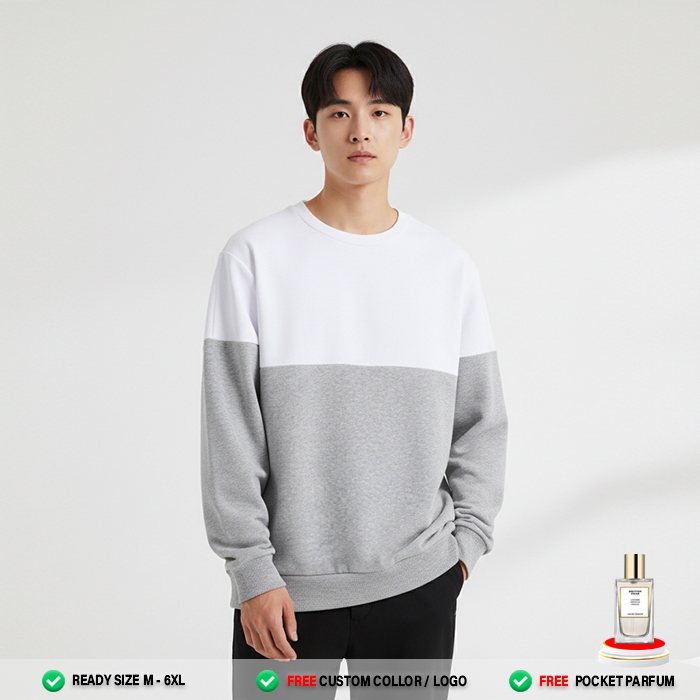 Sweater Crewneck Pria Wanita Oversize Fleece Tebal | Sweater Polos Kombinasi ( PUTIH ABU TUA ) |06