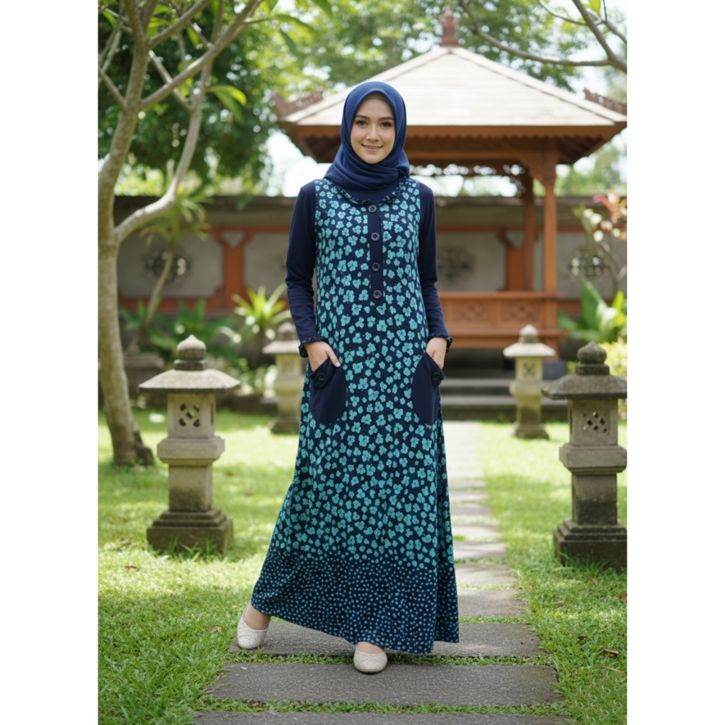 Gamis Spandek Navy Motif Daun