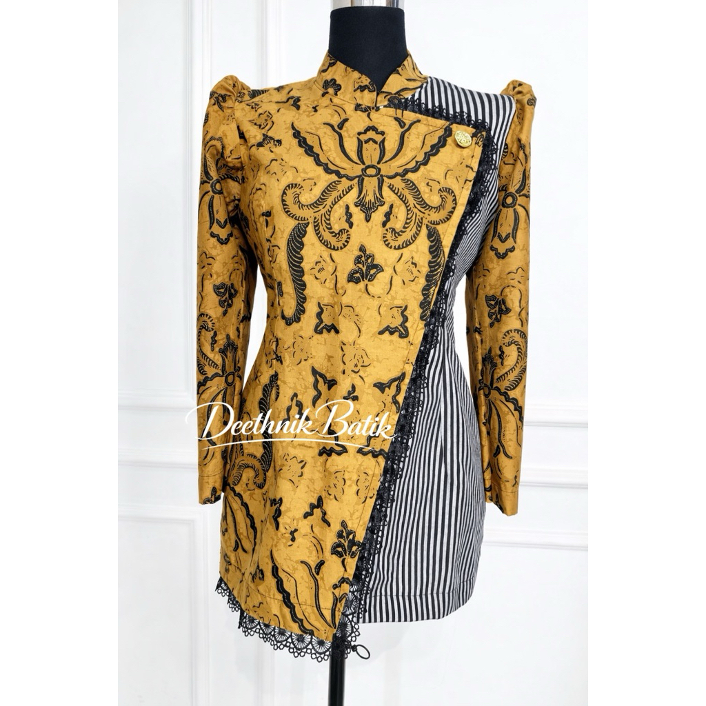 Baju batik wanita model janggan batik lawasan mix lurik prasojo aplikasi renda bordir