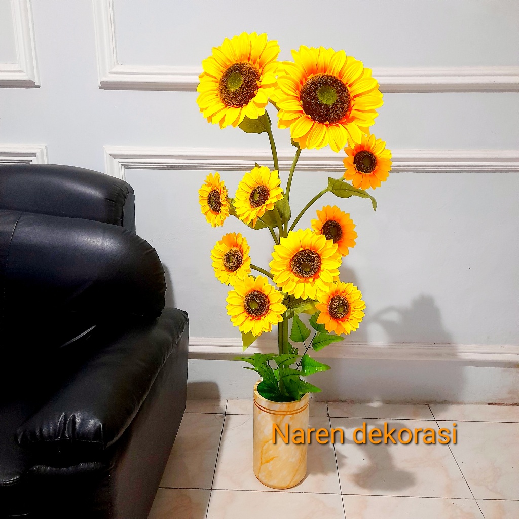 NAREN DEKORASI Bunga Matahari Kelopak Besar Hiasan Rumah Pot Terrakota Motif Marmer Tinggi 130cm Rum