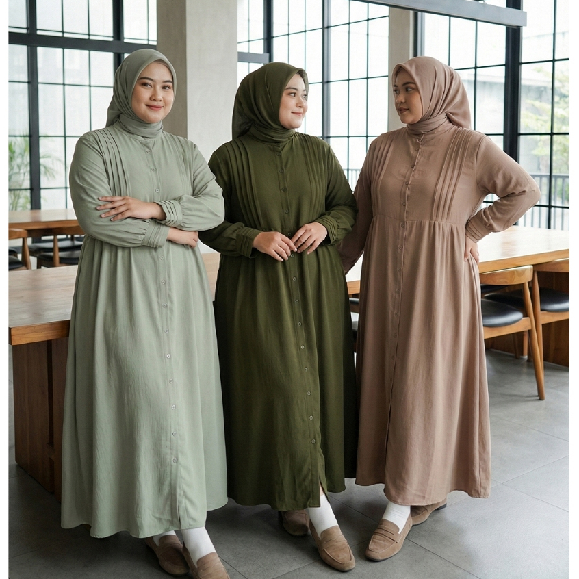 Jumbo Gamis Polos LD 116 120 130 140 cm | Hasna Dress Lebaran Premium Bahan Crinkle Airflow