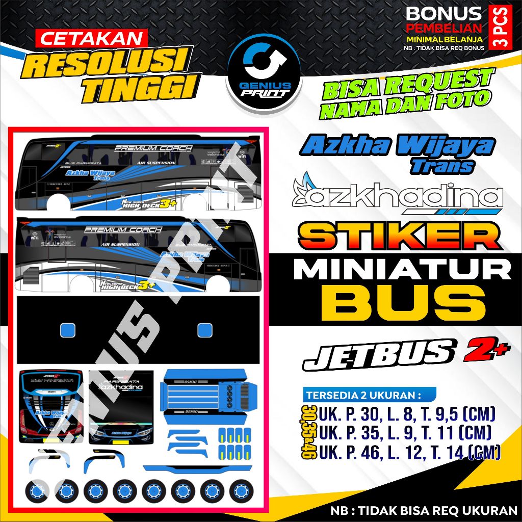 Stiker A3 Miniatur Bus [ JETBUS 2+ ] Livery Bris Trans | Azkha Wijaya Trans | Juragan 99 | Berkah Be