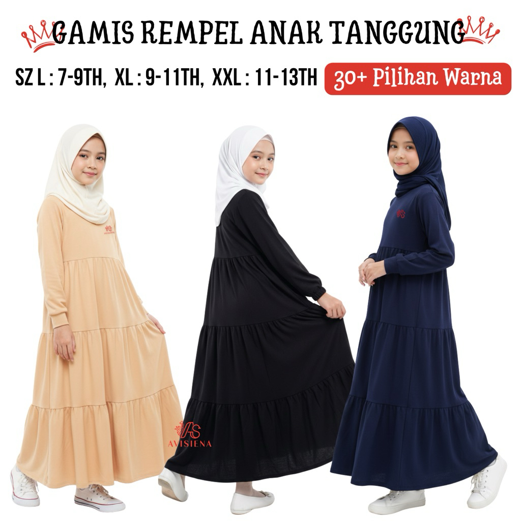 Avisiena - XL XXL Gamis Anak Rempel Susun Tanggung usia 9 10 11 12 tahun  dress jersey Remaja polos