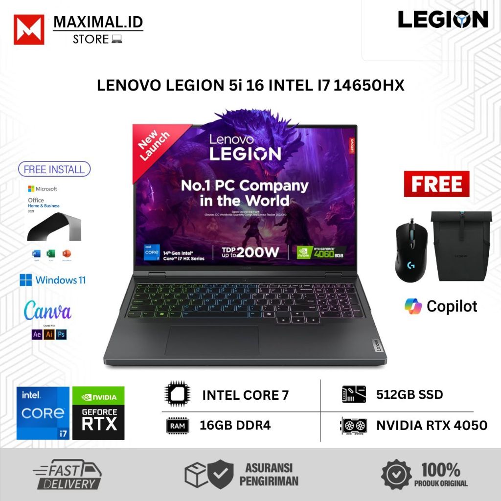 Laptop lenovo Legion 5i 16 Intel I7 14650HX Ram 16GB 512GB RTX4050-8GB 16.0 WQXGA Win11Home