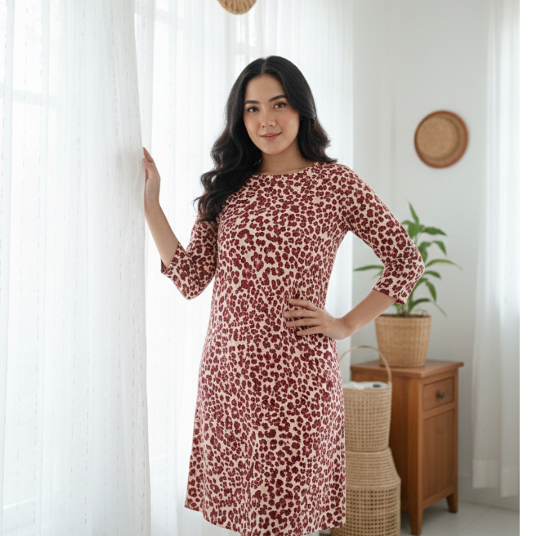 Gaun Midi Motif Kulit Macan Tutul
