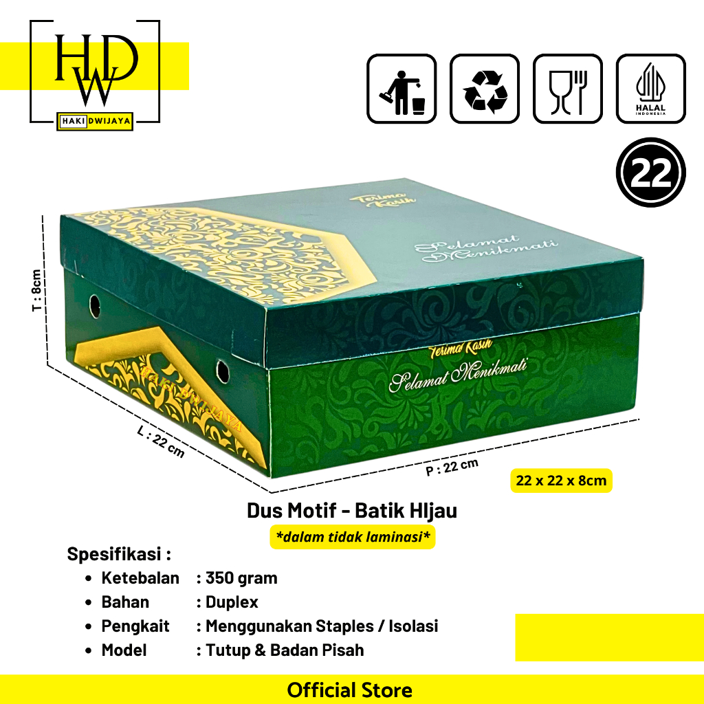Kemasan Dus / Kotak Nasi dan Snack Ukuran 22x22x8cm Full Colour - Motif Batik Hijau