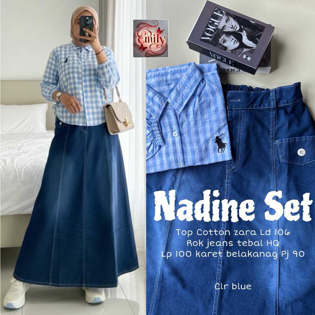 Nadine Setelan Original Emily Kemeja Blouse Cotton Zara Motif Kotak-Kotak dan Rok Panjang Jeans Teba
