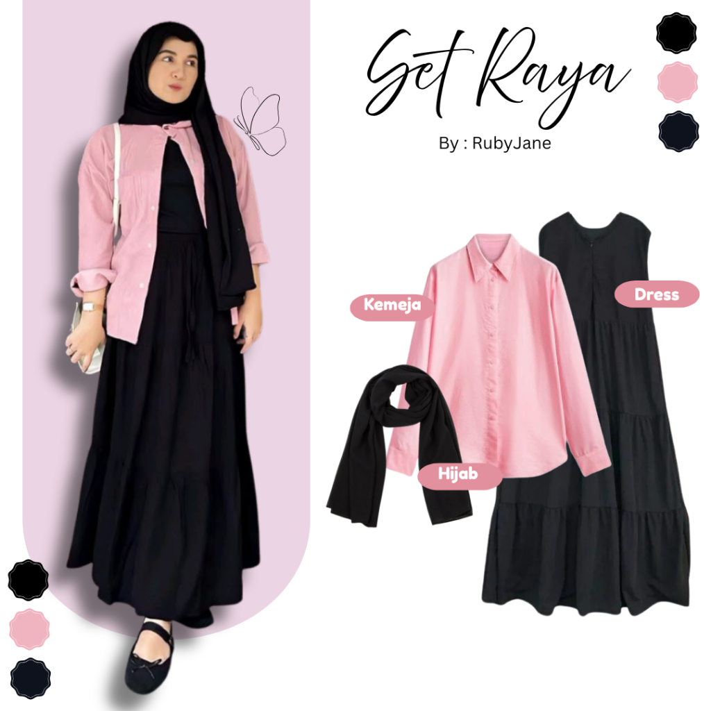 Setelan Remaja Muslim Kekinian 3 in 1 (Pasmina Hitam - Kemeja Basic Pink - Inner Dress Ruffle Hitam)