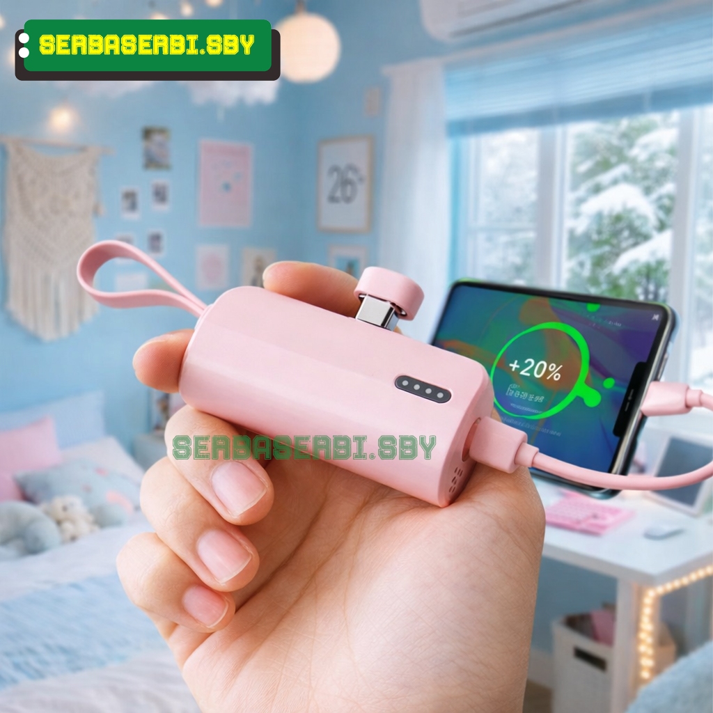 [INSTAN / COD] Powerbank Mini 5000mAh Lightning+Type-C 2in1 portabel mini bawaan bank daya kabel ban