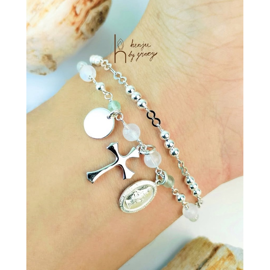 Henju by Gracy | Double Layer Gemstone Bracelet | Charm Cross Mary Initial | Silver Rosary Bracelet 