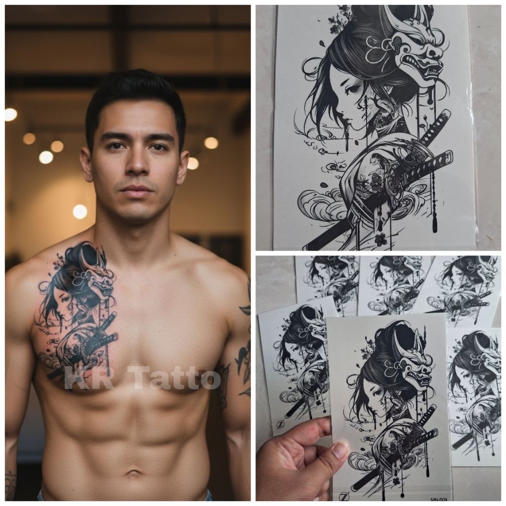 KR Tatto Temporary SEMI PERMANEN Variasi Mn_004 WANITA SAMURAI Size 12×19 | Tatto PREMIUM Tahan Air 