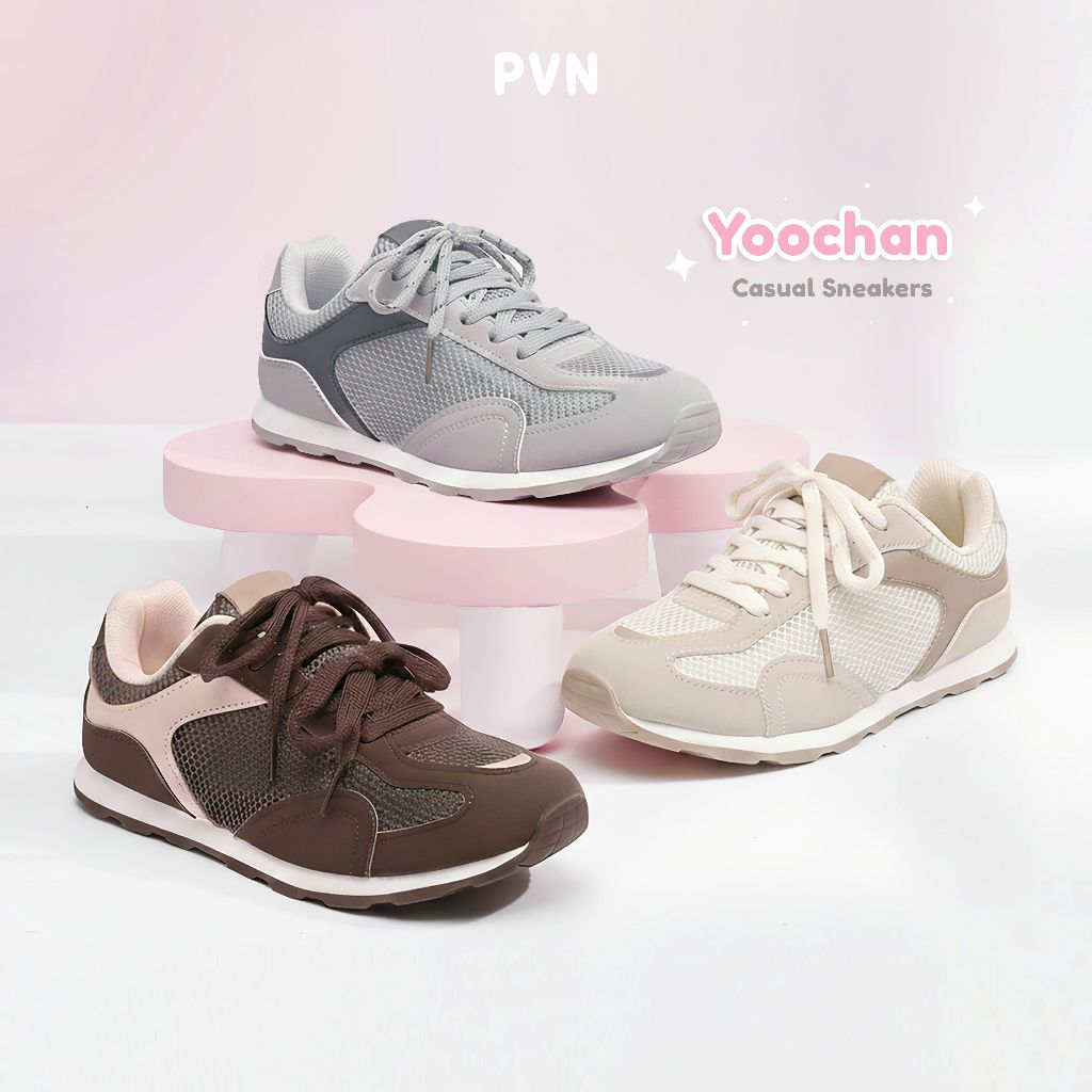 PVN Yoochan Sepatu Sneakers Wanita Sport Shoes Grey Cream Choco 368