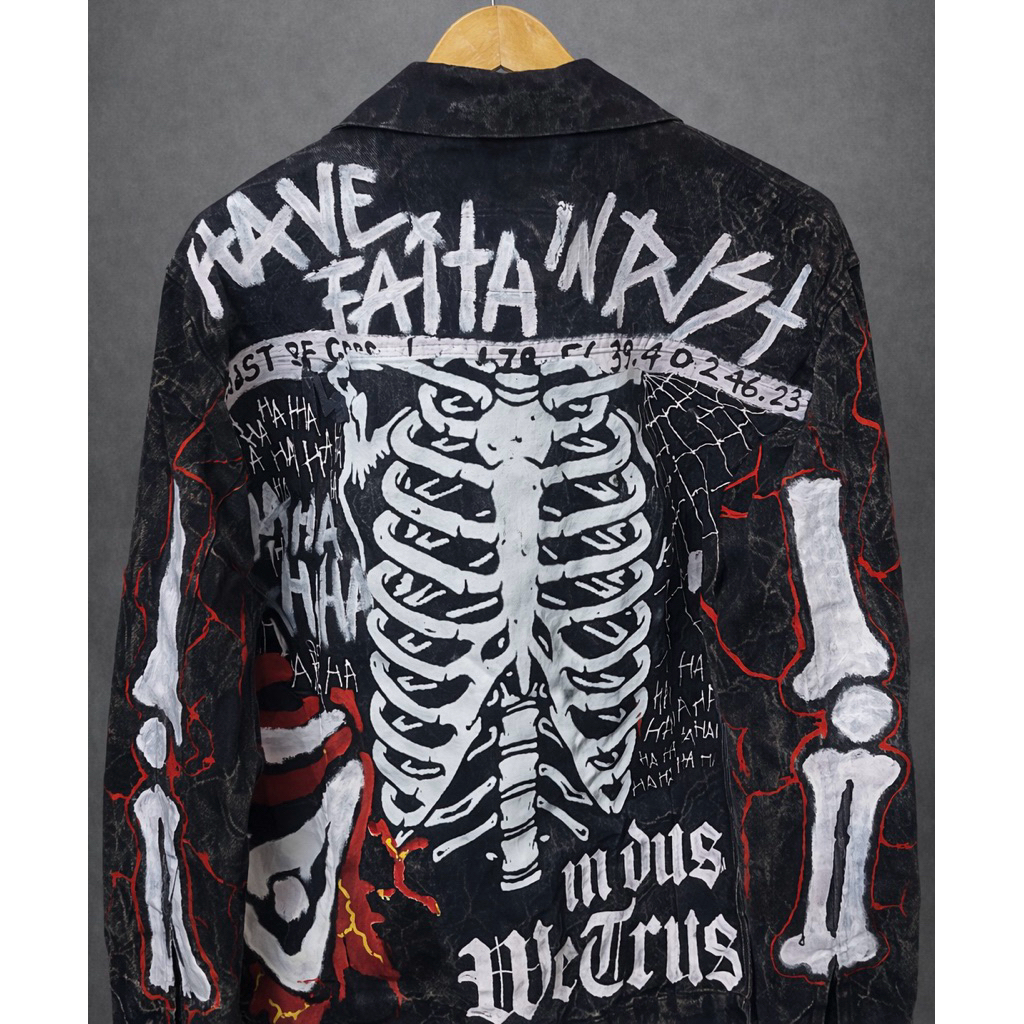 Jaket Denim Custom Skeleton Streetwear Oversize | Jaket Jeans Lukis Handmade