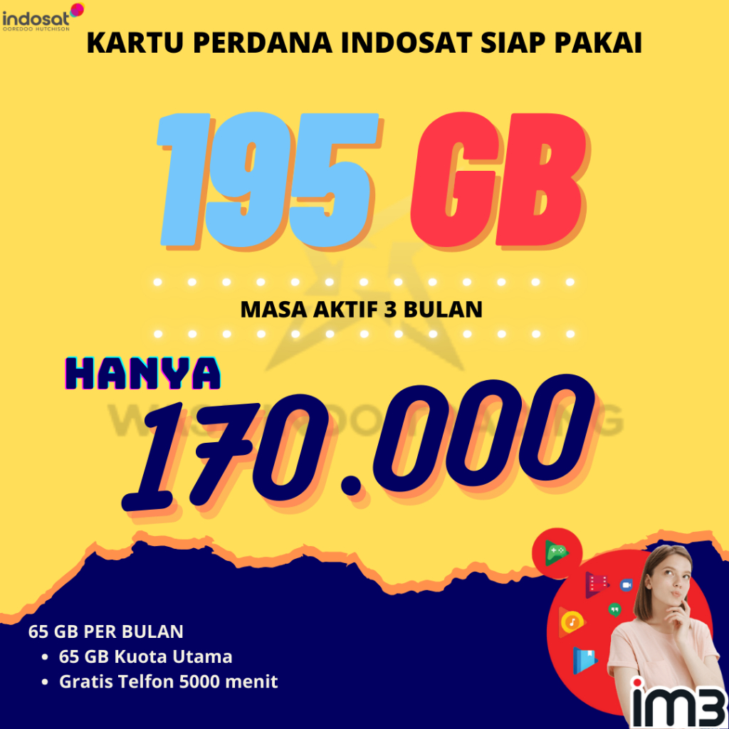 Kartu Perdana Termurah Indosat 195 Gb 3 Bulan Perbulan 65 GB