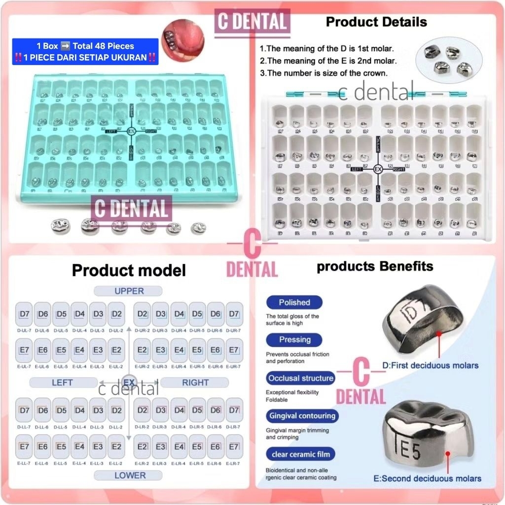 [48 Pcs] Dental Pedo Crown Metal SSC Gigi Desidui Anak First Second Molar Upper Lower Left Right Mix