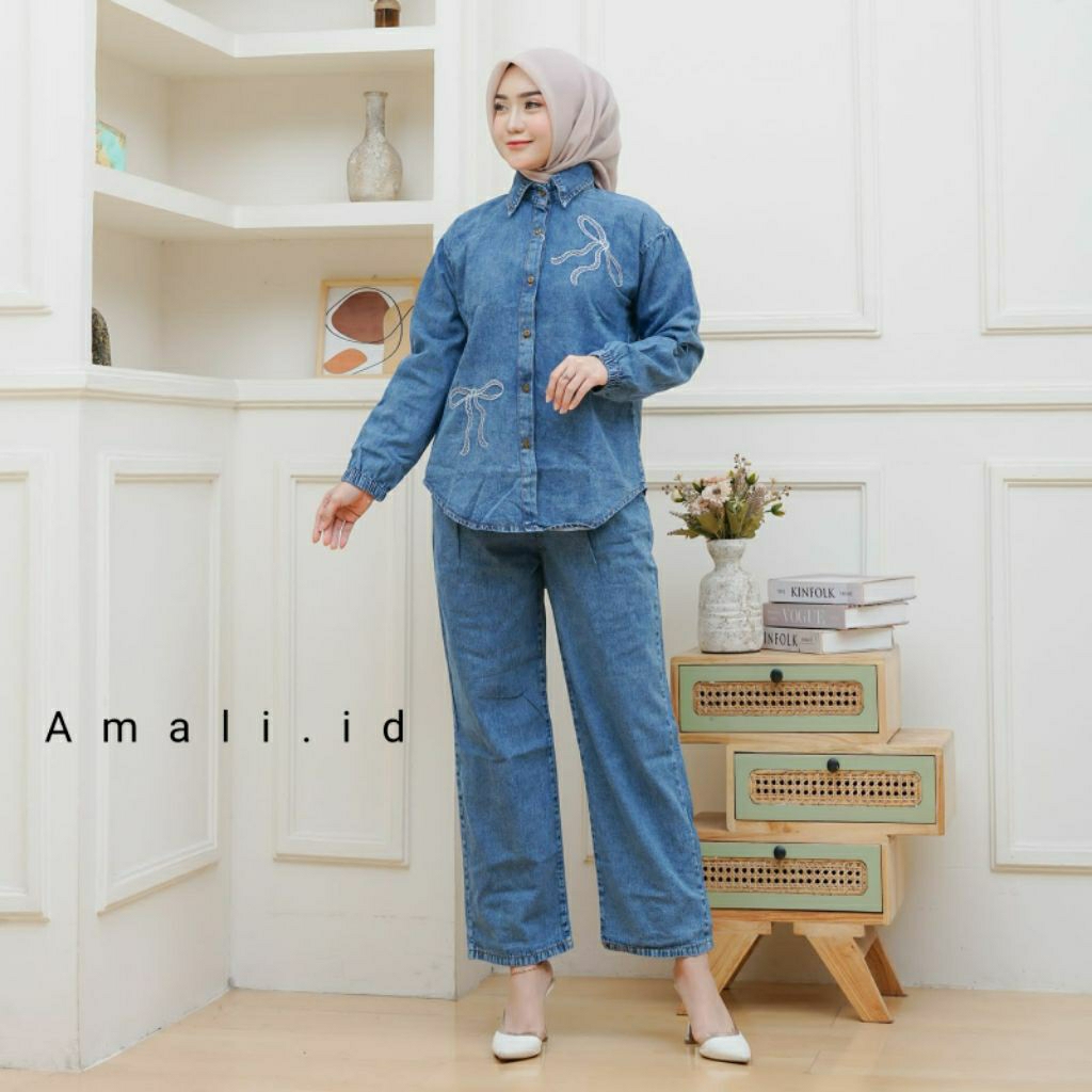 Setelan Denim Wanita Kekinian | Atasan Bordir + Kulot Jeans