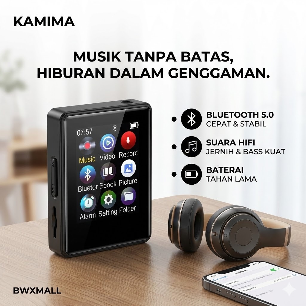 Digital Audio Player KAMIMA Bluetooth 5.0 MP3 HiFi Portable Walkman Mini Pemutar Lagu Video Ebook Vo