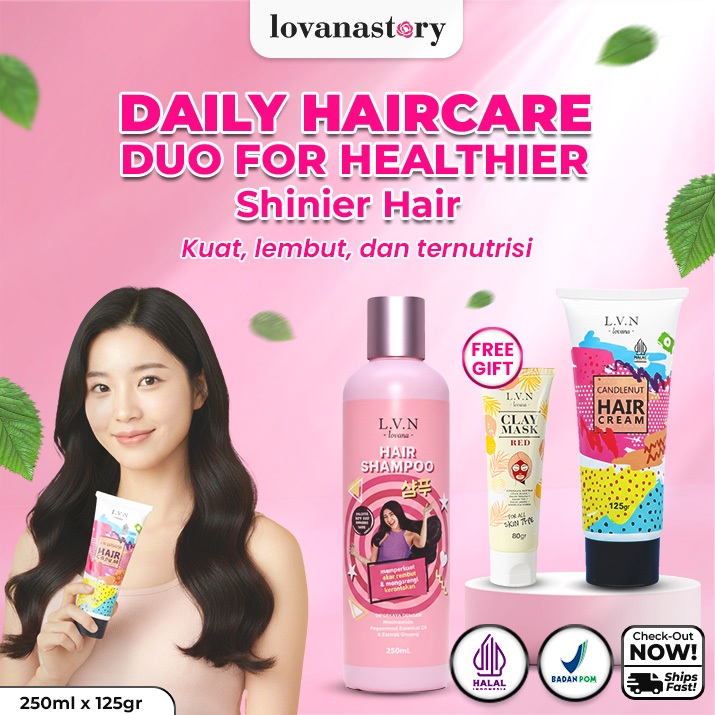 Bundling Lovana Hair Shampoo 250ml & Hair Cream Candlenut 125gr - Paket Lovana Shampoo Mencegah Ront