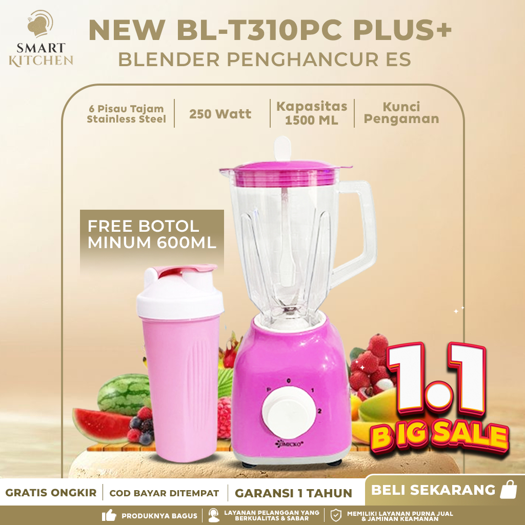 Omicko Blender Serbaguna 1500ml 6 Pisau Stainless | Blender Buah Bumbu Es | OMICKO BL-310PC Pink