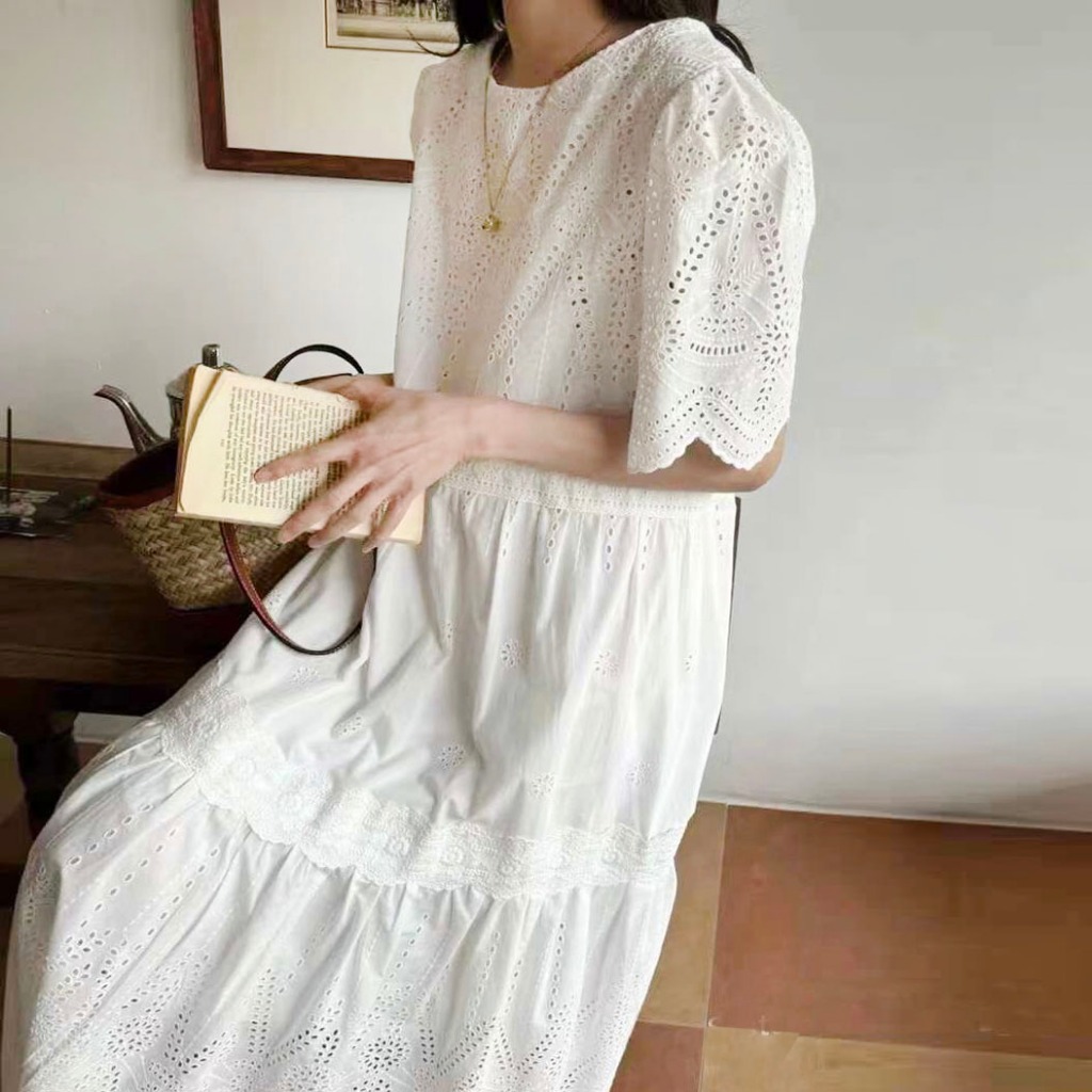 DRESS KATUN BRUKAT BORDIR EYELETS PUTIH TIER KOREA IMPORT