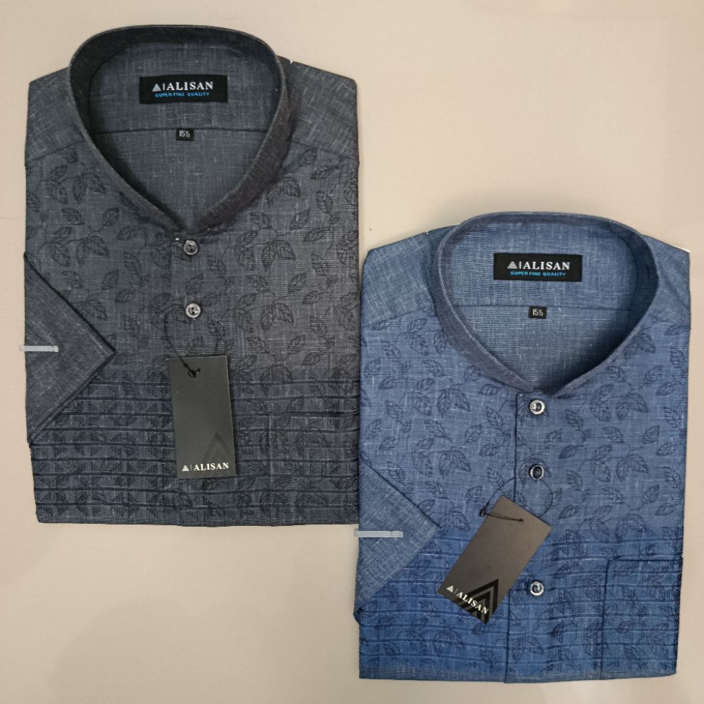 LENGAN PENDEK Alisan Koko Fashion Motif Daun Hitam/Biru Reguler