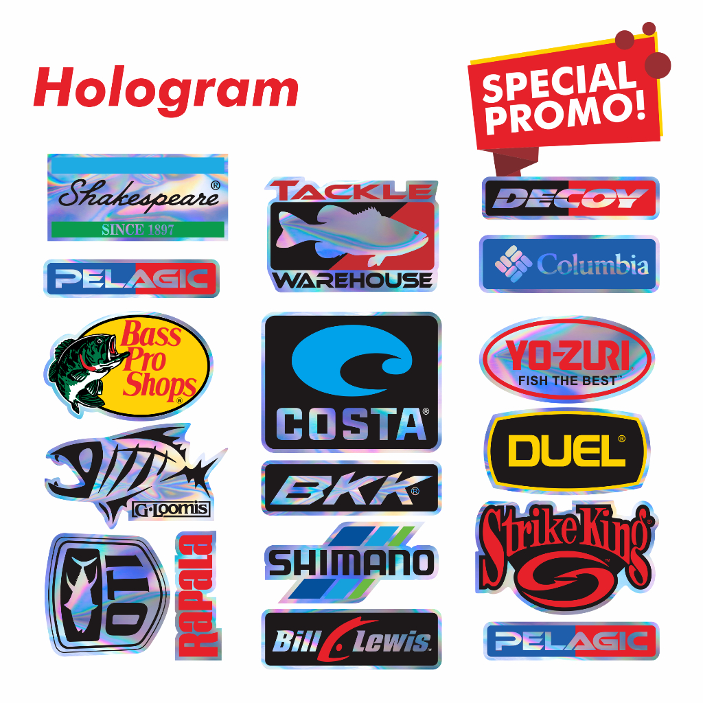 Stiker Pancing Hologram Pack Isi Banyak | Logo Brand Mancing Terkenal Murah