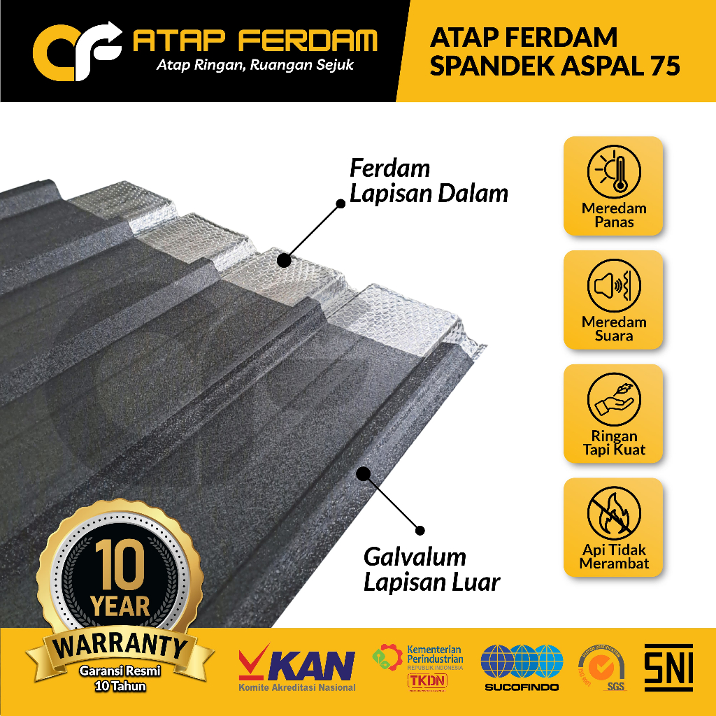 ATAP SPANDEK pasir ASPAL FERDAM 75 Tebal 0,25mm : Insulasi Galvalume Peredam Panas & Suara  Hujan (W