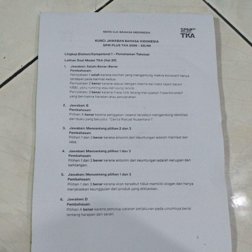 kunci jawaban SPM plus TKA 2026 untuk SD