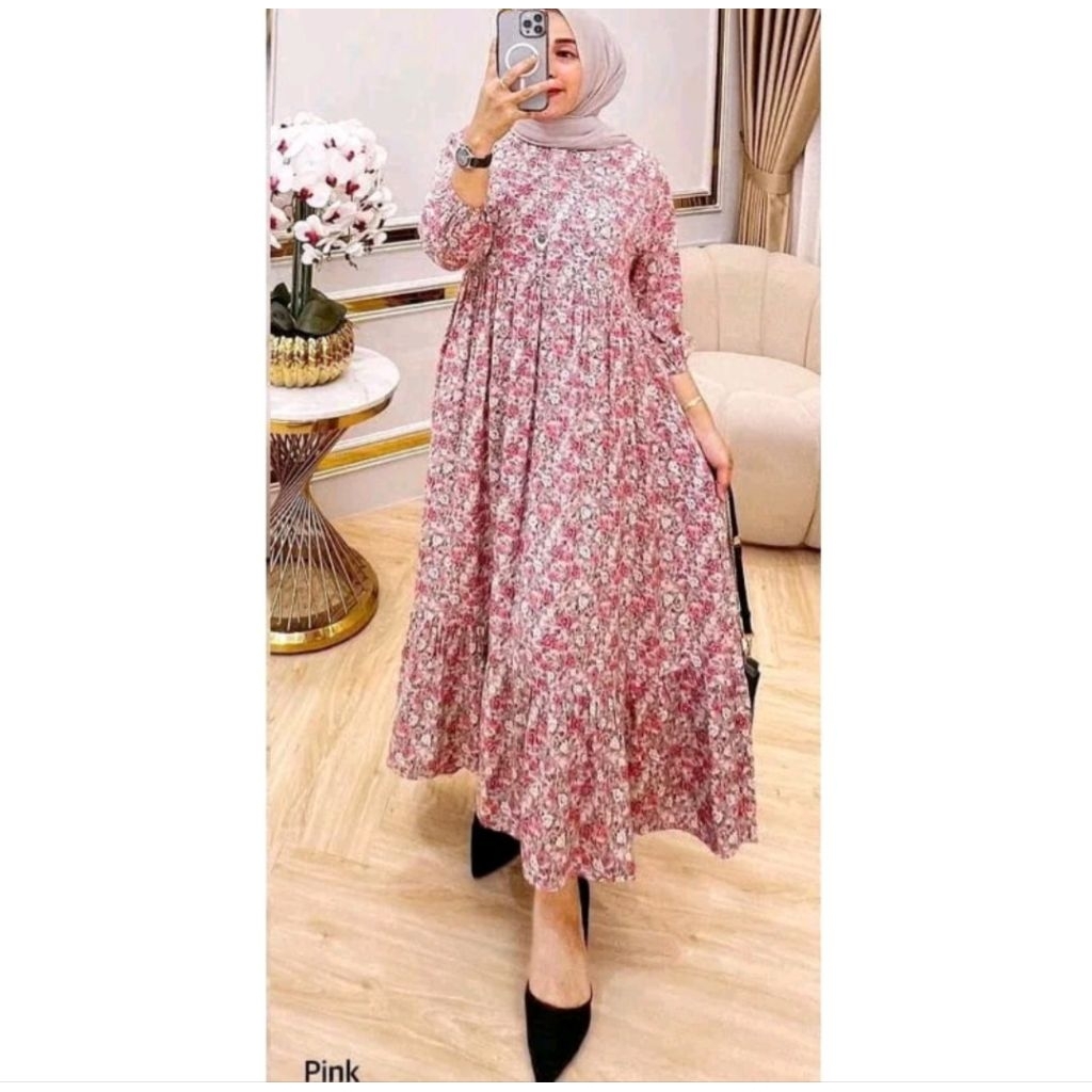 Gamis Motif Bunga Susun Ruffle Rayon Premium Busui friendly-Gamis terbaru Wanita Muslim Dewasa Rempe