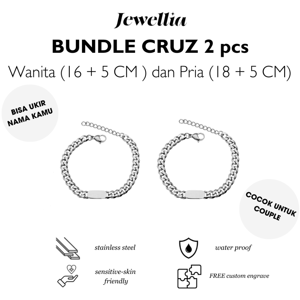 [PROMO BUNDLE] Jewellia - Cruz Cuban 2pcs Silver Couple Bracelet | Titanium Stainless Steel Anti kar