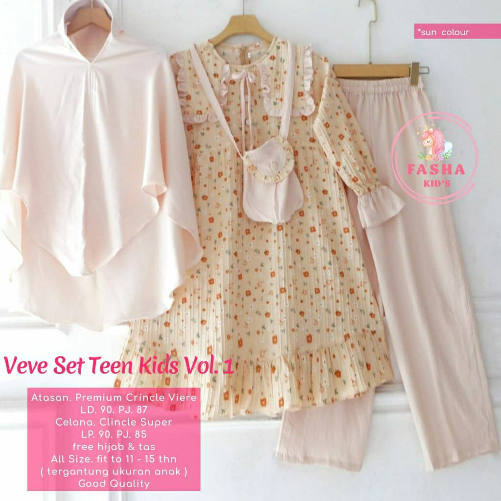 One set tunik crinkle anak remaja usia 11-15 tahun (free tas) veve set muslimah