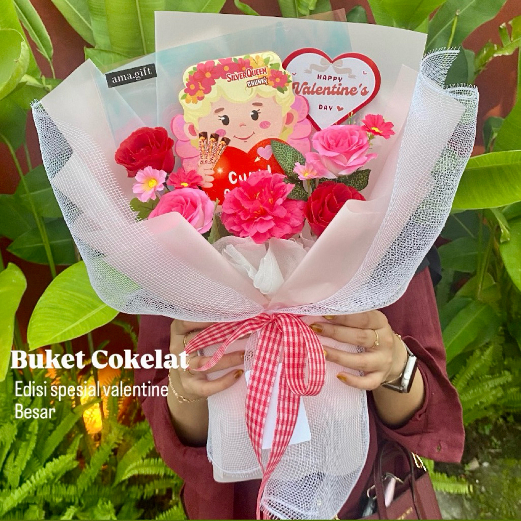 Buket Cokelat Valentine | Bouquet Coklat Silverqueen | Bucket Bunga Artificial
