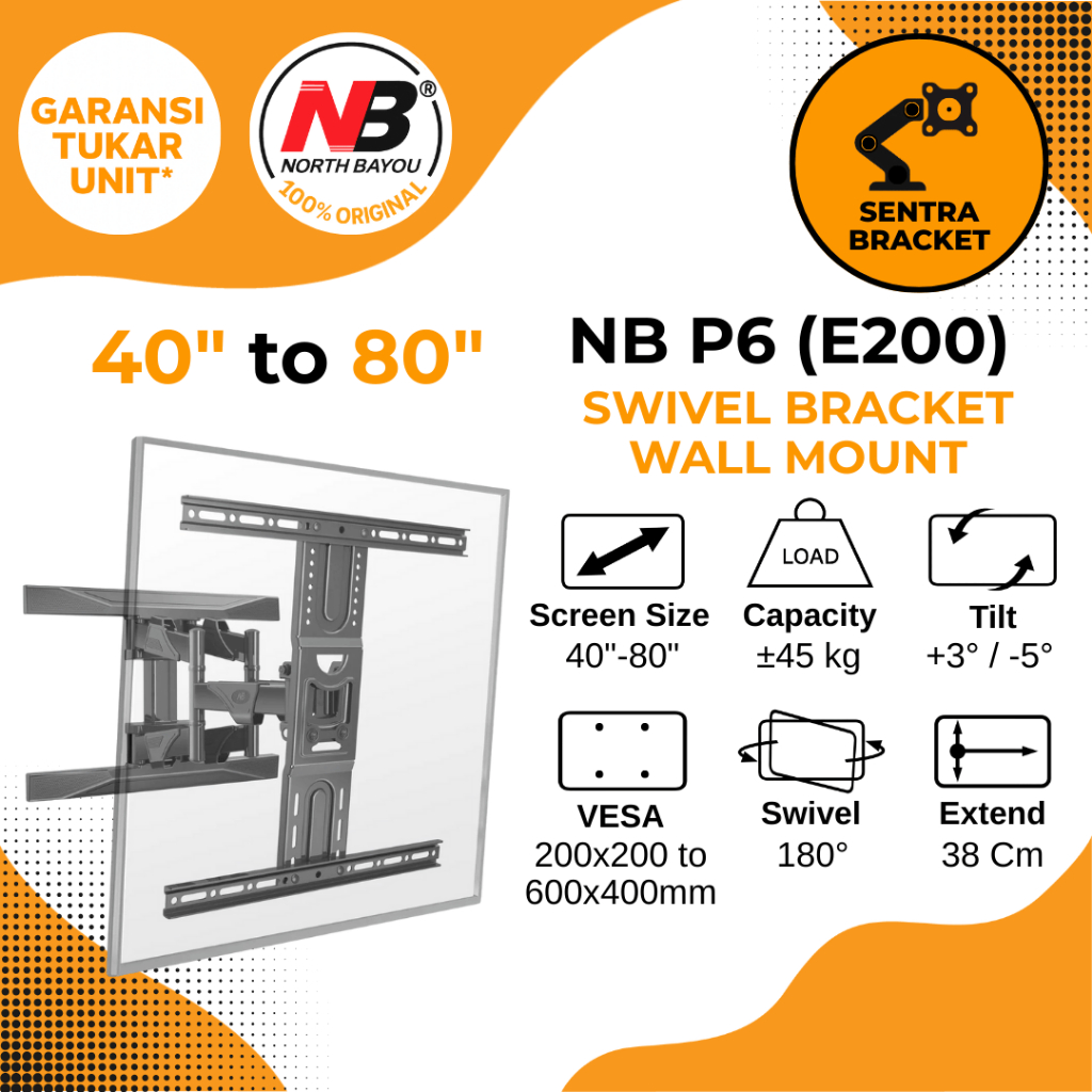 North Bayou NB P6 Bracket Heavy Swivel Wall Mount 40" to 80" Untuk Display TV LCD LED OLED