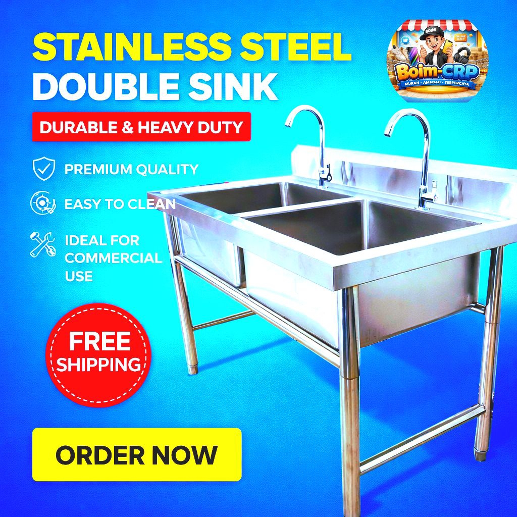 Meja Cuci Piring Stainless Steel Double Sink 2 Lubang – Kitchen Sink Restoran120x70x85 SUS/304